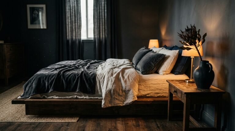 Dark Feminine Bedroom on White Walls: Why the Contrast Is the Whole Point